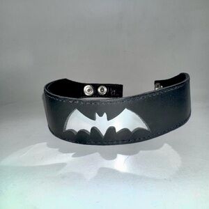 METALEATHER Genuine Leather Chocker w Cut Out Bat over Shiny Silver Metal Inlay